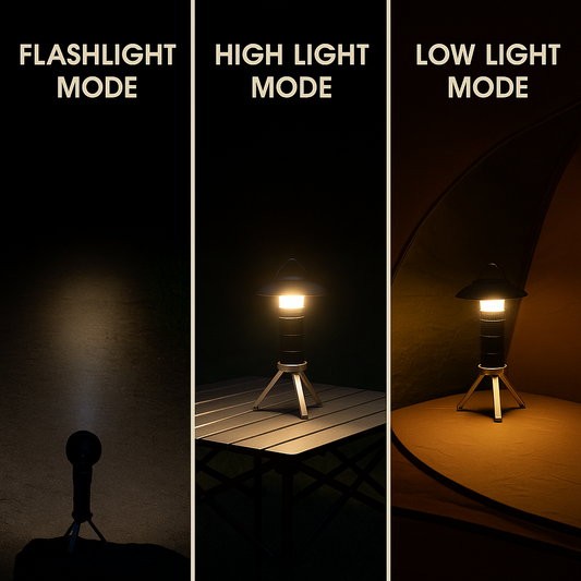 Comparison of a flashlight in flash, high, and low light modes.
